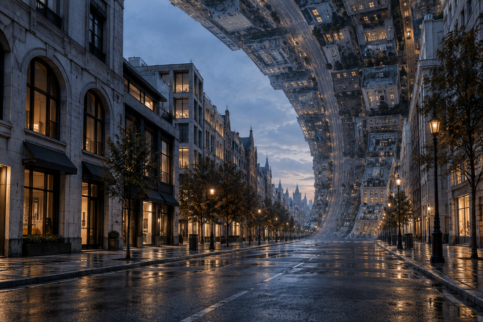 Original concept of blue-hour city blocks bending overhead above an undisturbed wet avenue.