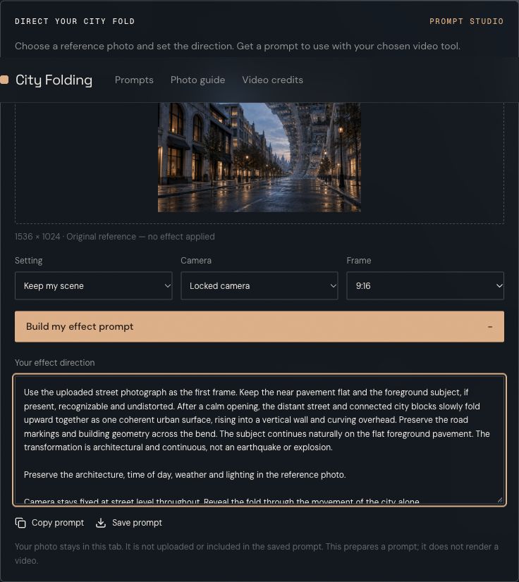 Actual browser screenshot of the City Folding prompt studio with local concept reference, locked camera, 9:16 and generated direction text